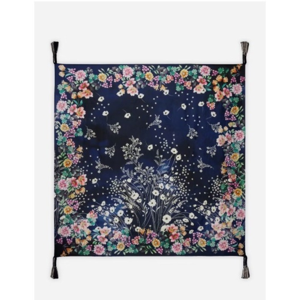 Johnny Was Bursting Scarf Navy Blue Floral 100% Silk 42" Square with Tassels